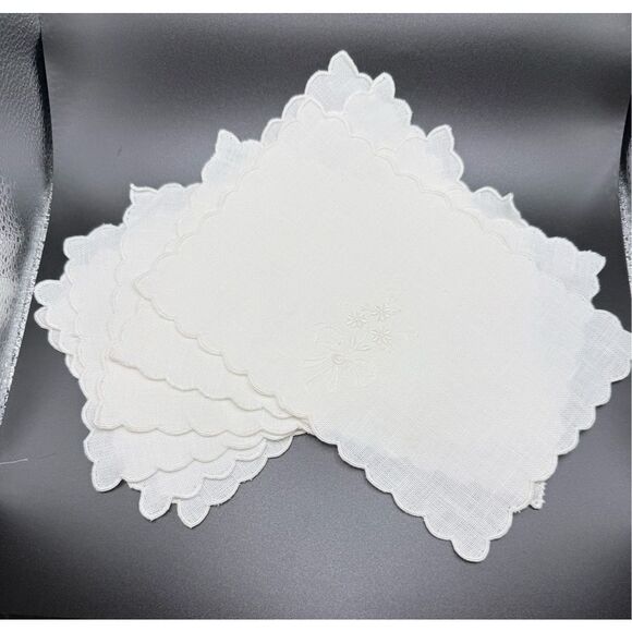 Linen Cocktail Napkins Set of 6 White On White Floral Embroidery 5.5” X 8” - Picture 6 of 8